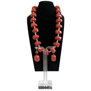 Red Beaded Necklace & Earrings Set With Gold Details By Chicos - Adjustable Chai